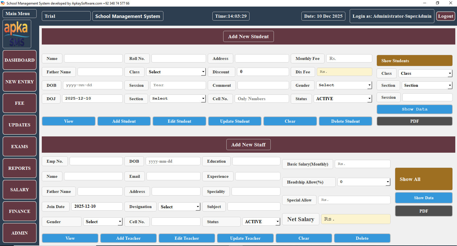 Free School management system New Entry screenshot